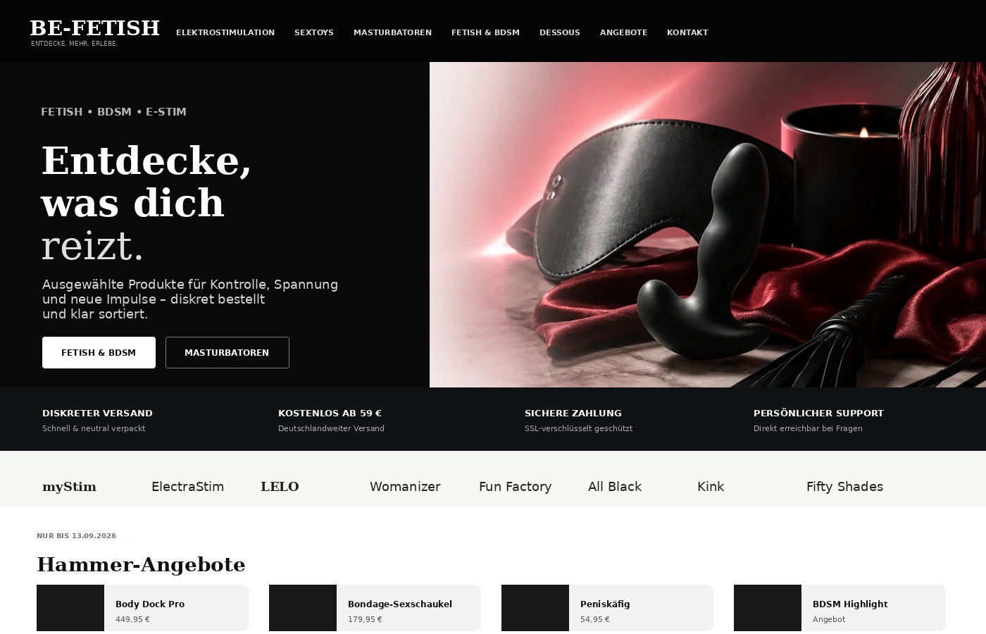Aktuelle BE-FETISH Startseite auf einem Desktop-Bildschirm