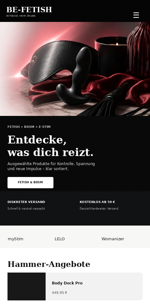 Aktuelle BE-FETISH Startseite auf einem Smartphone